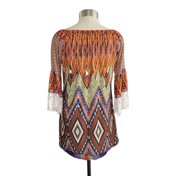 WinWin Boho Lace Trimmed Half Sleeve Colorful Geo Print Tunic Top Women's Sz S/M - Picture 3 of 9